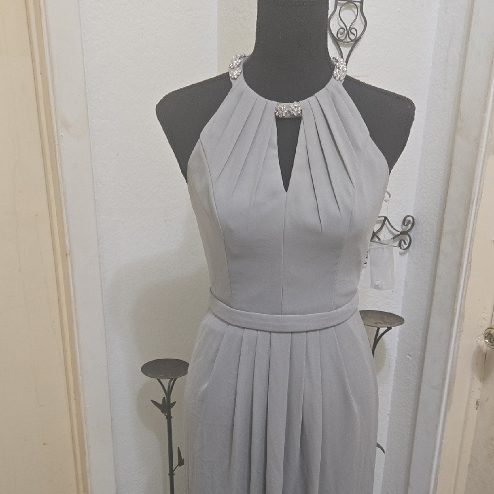David's Bridal Gray Pleated Halter Gown